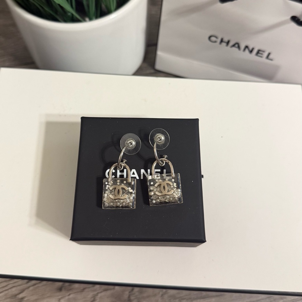 CHANEL Silver CC Padlock Faux‎ Pearl Bead Accents Drop Earrings